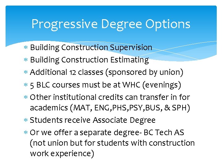 Progressive Degree Options Building Construction Supervision Building Construction Estimating Additional 12 classes (sponsored by