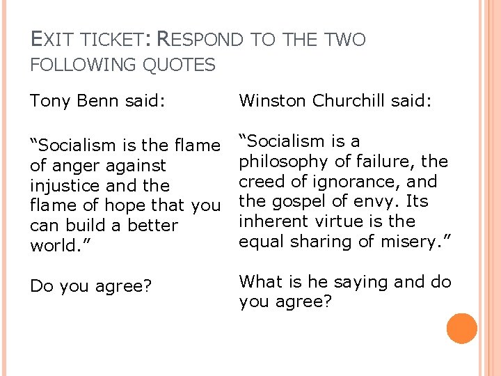 EXIT TICKET: RESPOND TO THE TWO FOLLOWING QUOTES Tony Benn said: Winston Churchill said: