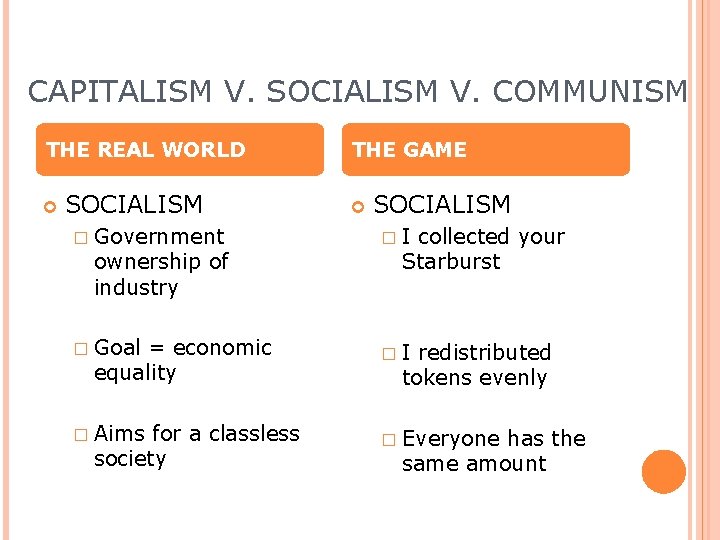 CAPITALISM V. SOCIALISM V. COMMUNISM THE REAL WORLD SOCIALISM THE GAME SOCIALISM � Government