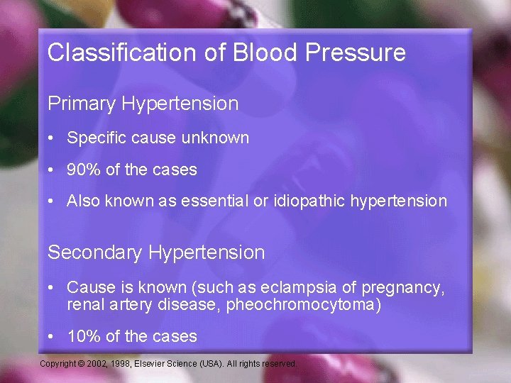 Classification of Blood Pressure Primary Hypertension • Specific cause unknown • 90% of the