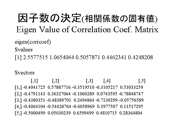 因子数の決定(相関係数の固有値) Eigen Value of Correlation Coef. Matrix eigen(corrcoef) $values [1] 2. 5577515 1. 0654064