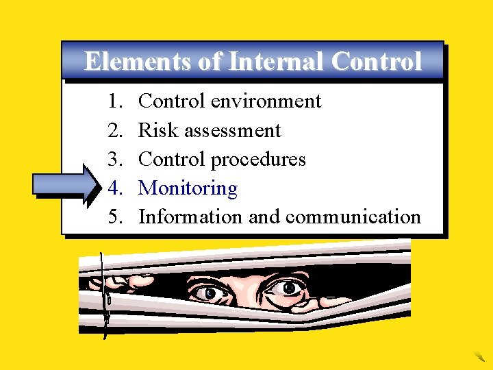 Elements of Internal Control 1. 2. 3. 4. 5. Control environment Risk assessment Control