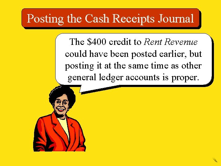 Posting the Cash Receipts Journal The $400 credit to Rent Revenue could have been