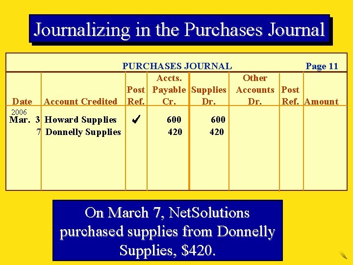 Journalizing in the Purchases Journal Date 2006 Page 11 PURCHASES JOURNAL Accts. Other Post