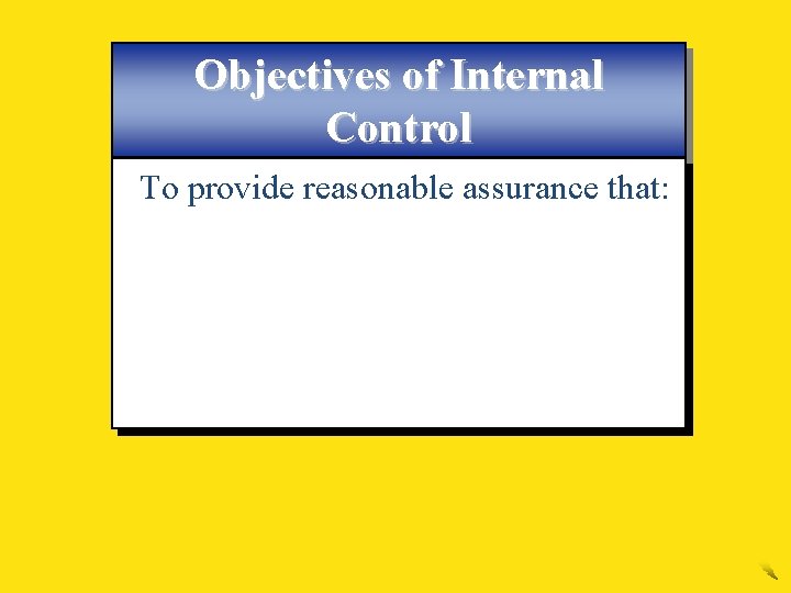 Objectives of Internal Control To provide reasonable assurance that: 1. assets are safeguarded and