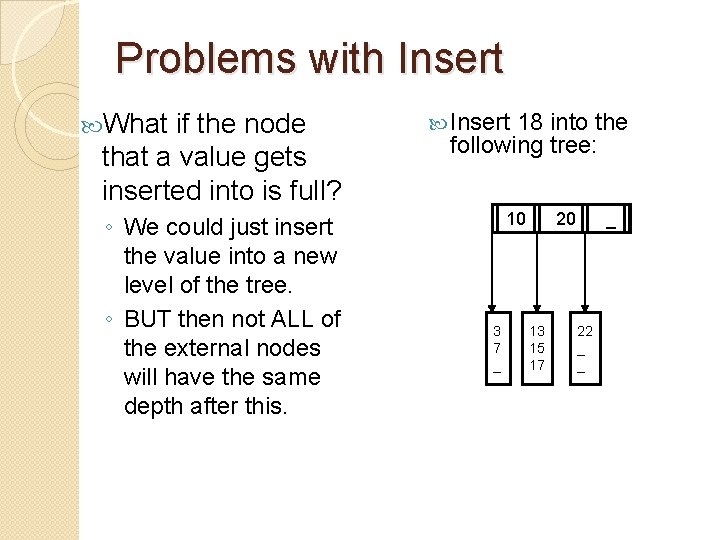 Problems with Insert What if the node that a value gets inserted into is