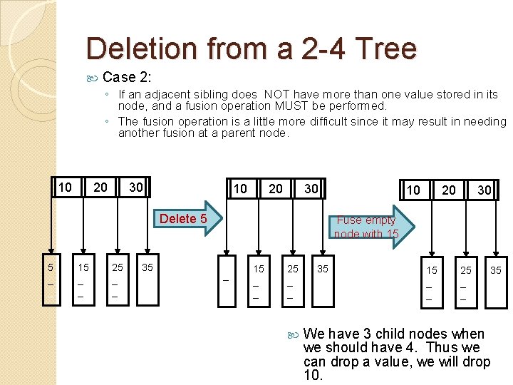 Deletion from a 2 -4 Tree Case 2: ◦ If an adjacent sibling does
