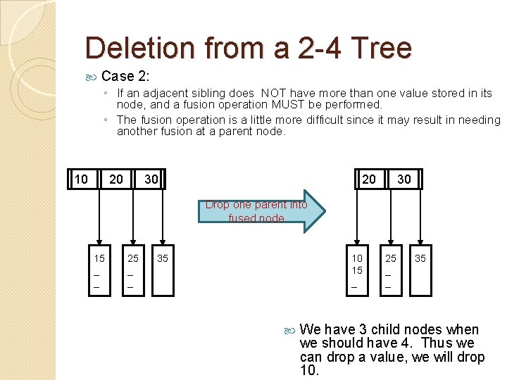 Deletion from a 2 -4 Tree Case 2: ◦ If an adjacent sibling does