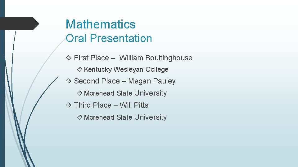 Mathematics Oral Presentation First Place – William Boultinghouse Kentucky Wesleyan College Second Place –