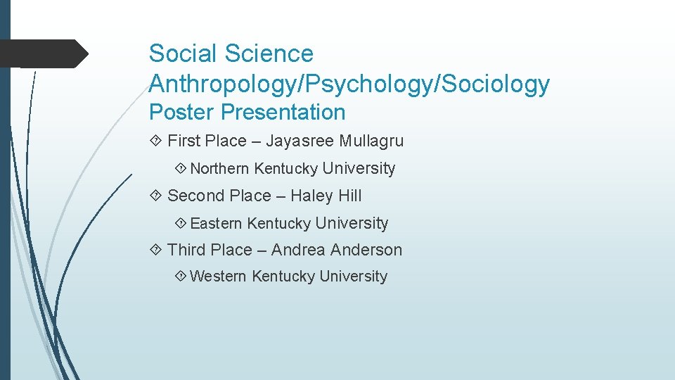 Social Science Anthropology/Psychology/Sociology Poster Presentation First Place – Jayasree Mullagru Northern Kentucky University Second