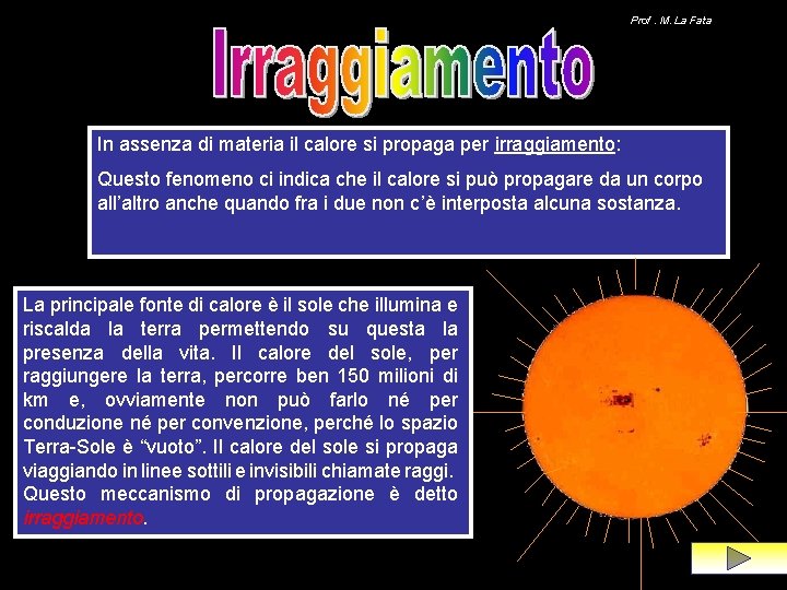 Prof. M. La Fata In assenza di materia il calore si propaga per irraggiamento: