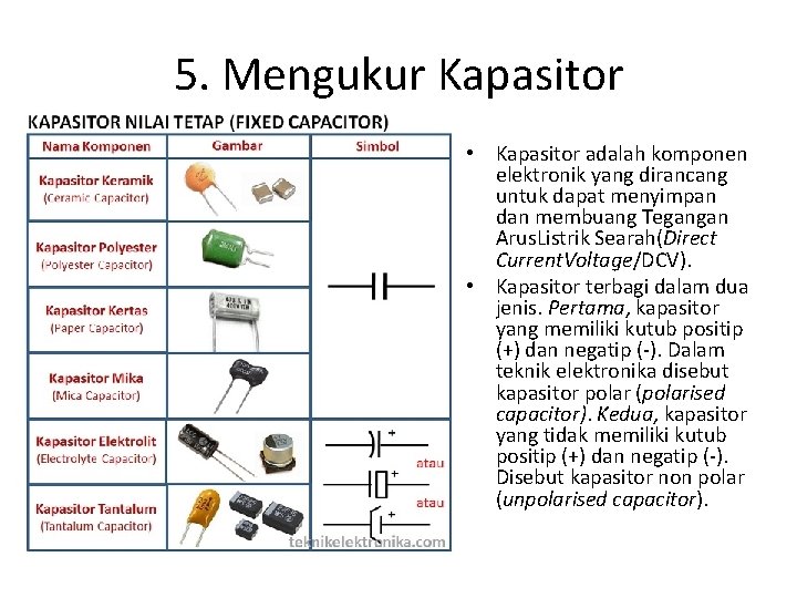 5. Mengukur Kapasitor • Kapasitor adalah komponen elektronik yang dirancang untuk dapat menyimpan dan