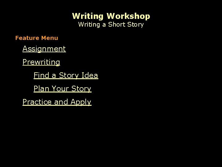 Writing Workshop Writing a Short Story Feature Menu Assignment Prewriting Find a Story Idea