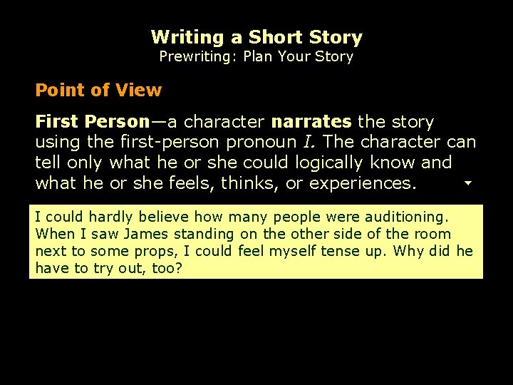 Writing a Short Story Prewriting: Plan Your Story Point of View First Person—a character