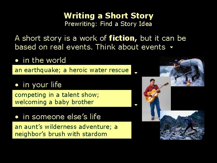 Writing a Short Story Prewriting: Find a Story Idea A short story is a