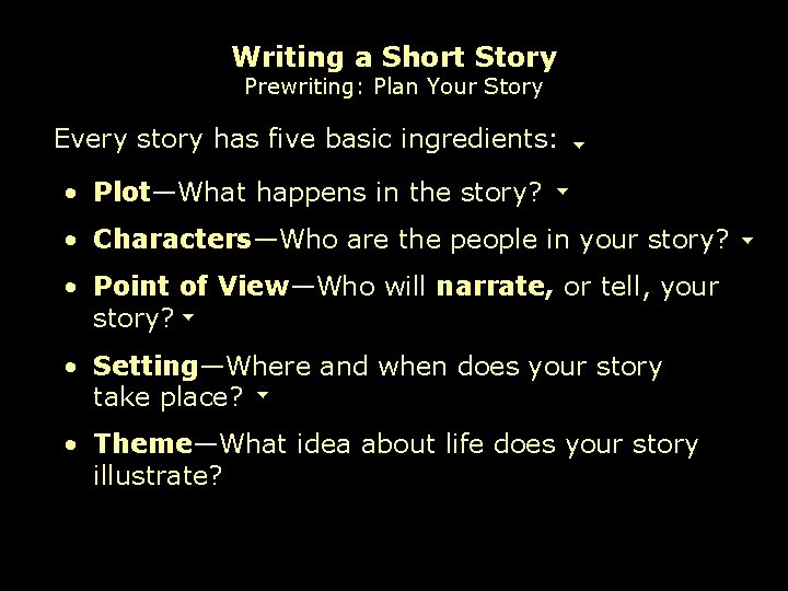Writing a Short Story Prewriting: Plan Your Story Every story has five basic ingredients: