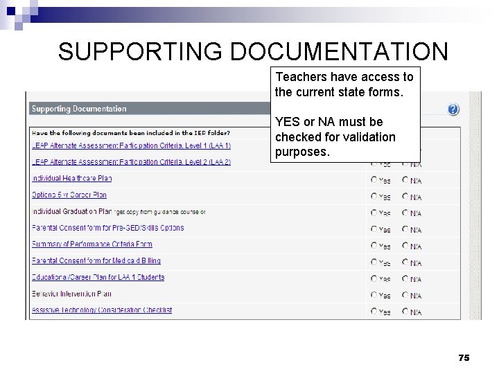 SUPPORTING DOCUMENTATION Teachers have access to the current state forms. YES or NA must
