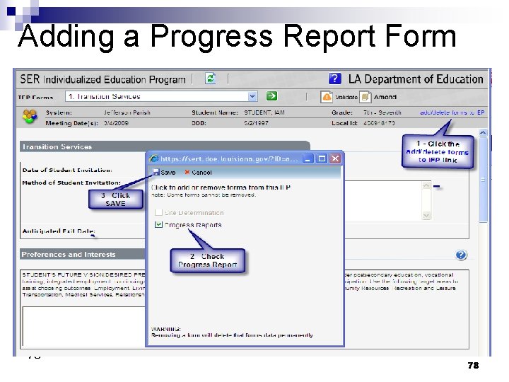 Adding a Progress Report Form 78 78 