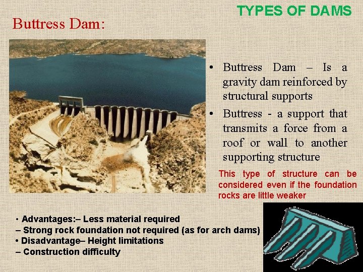 Buttress Dam: TYPES OF DAMS • Buttress Dam – Is a gravity dam reinforced