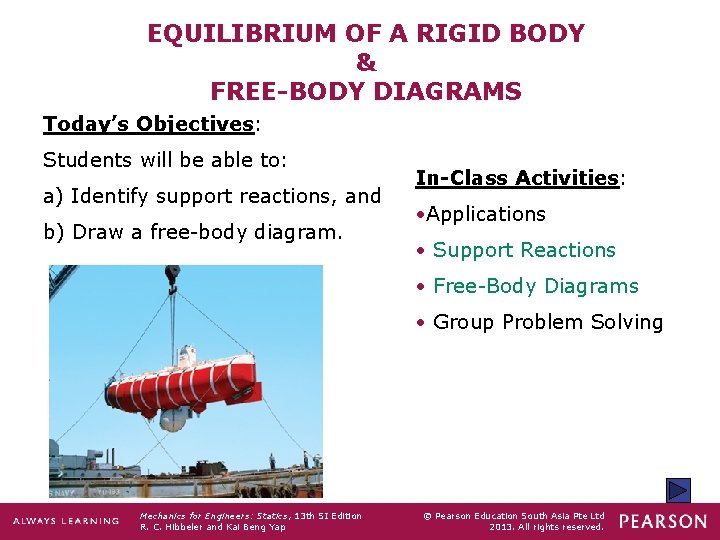 EQUILIBRIUM OF A RIGID BODY & FREE-BODY DIAGRAMS Today’s Objectives: Students will be able