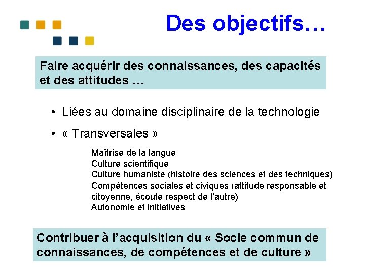 Des objectifs… Faire acquérir des connaissances, des capacités et des attitudes … • Liées