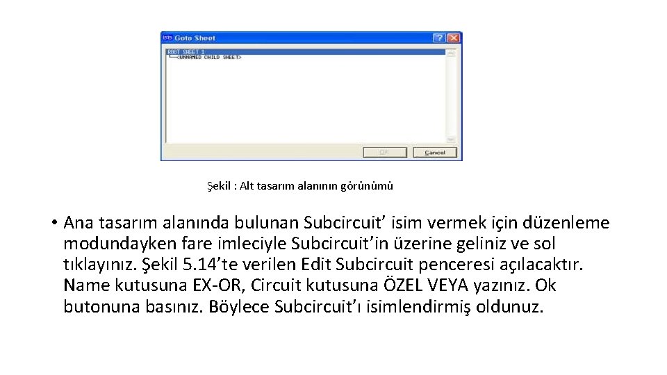 Şekil : Alt tasarım alanının görünümü • Ana tasarım alanında bulunan Subcircuit’ isim vermek