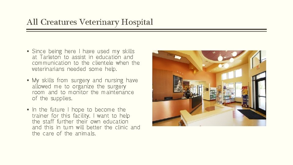 All Creatures Veterinary Hospital § Since being here I have used my skills at