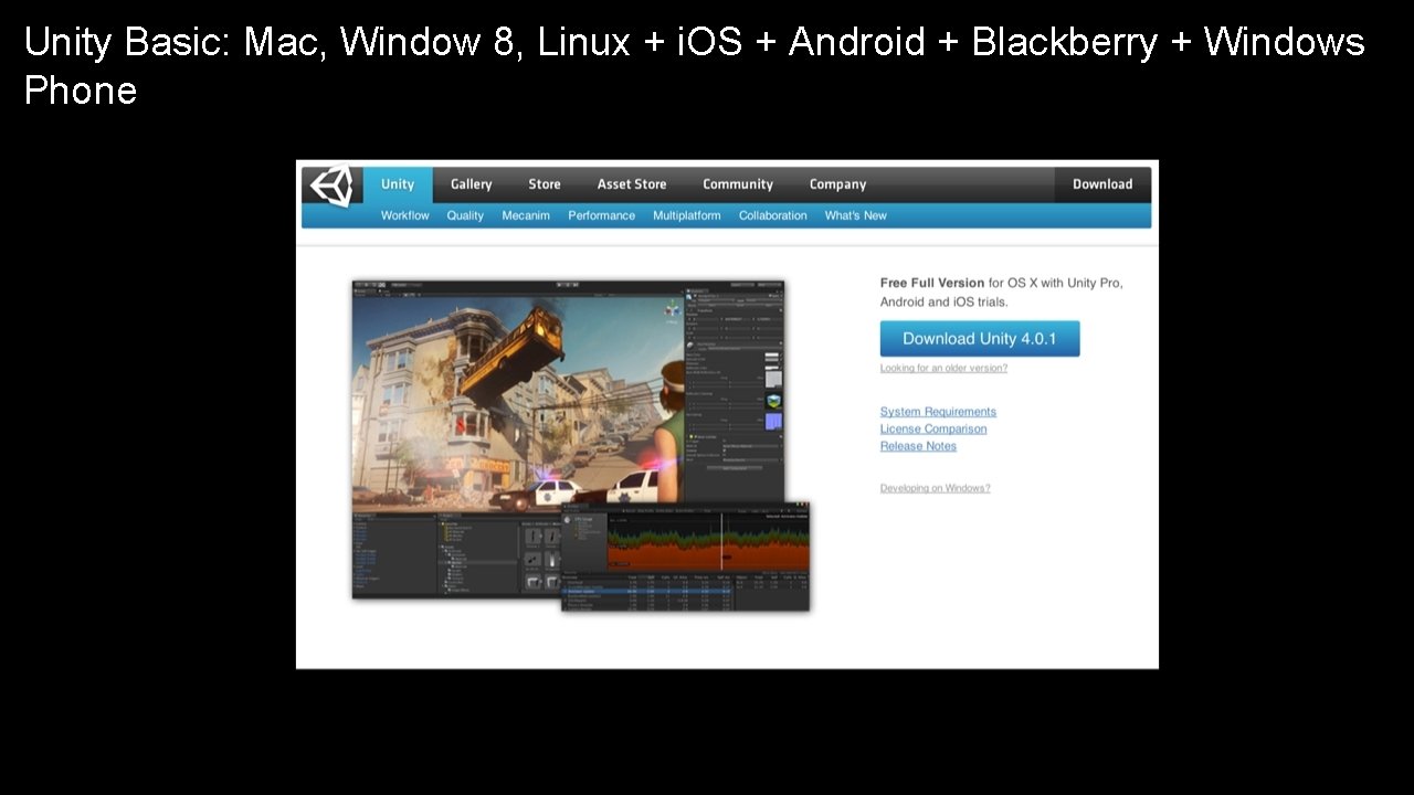Unity Basic: Mac, Window 8, Linux + i. OS + Android + Blackberry +