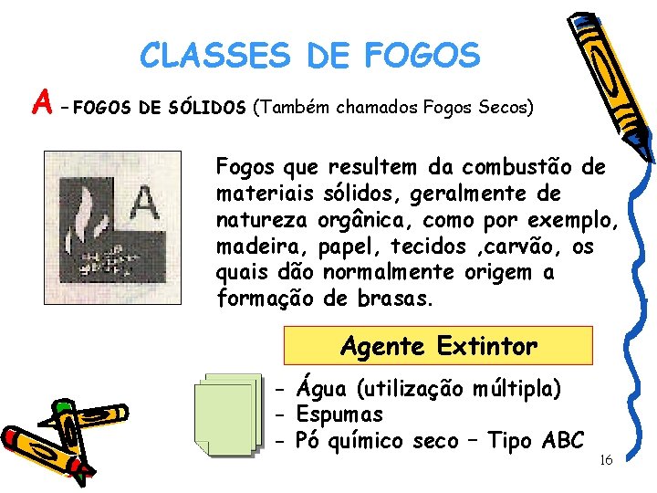 CLASSES DE FOGOS A – FOGOS DE SÓLIDOS (Também chamados Fogos Secos) Fogos que