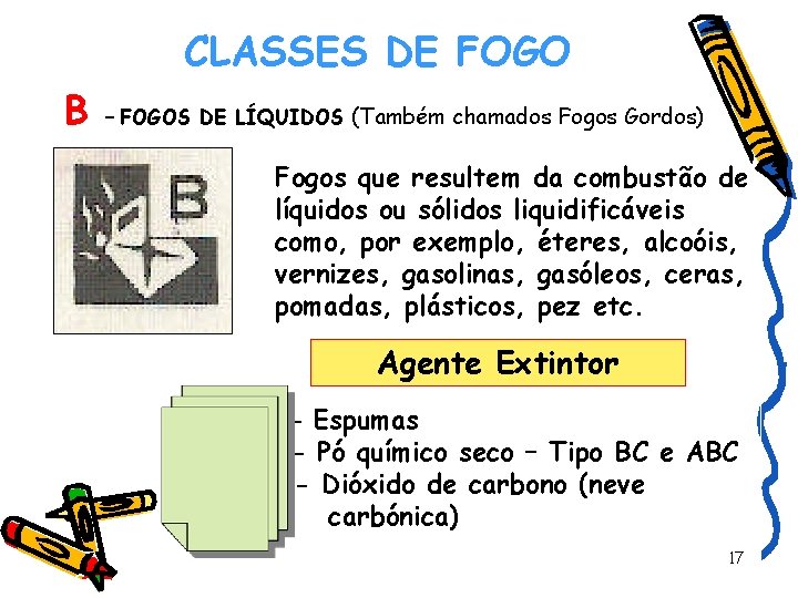 CLASSES DE FOGO B – FOGOS DE LÍQUIDOS (Também chamados Fogos Gordos) Fogos que