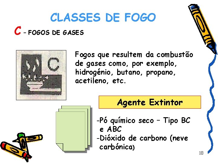 CLASSES DE FOGO C – FOGOS DE GASES Fogos que resultem da combustão de