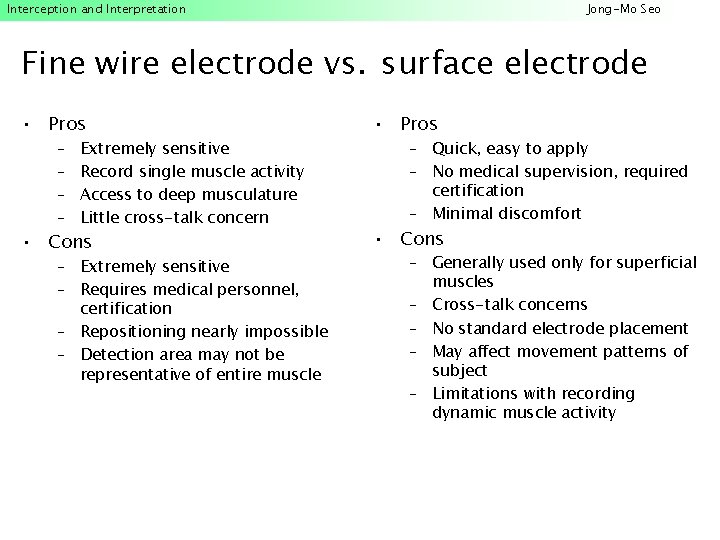 Interception and Interpretation Jong-Mo Seo Fine wire electrode vs. surface electrode • Pros •