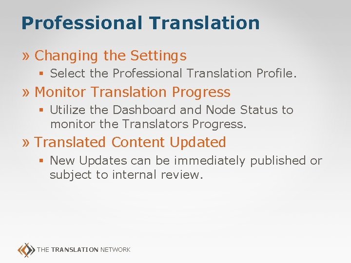 Professional Translation » Changing the Settings § Select the Professional Translation Profile. » Monitor