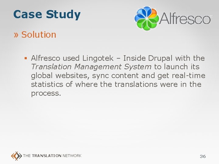 Case Study » Solution § Alfresco used Lingotek – Inside Drupal with the Translation