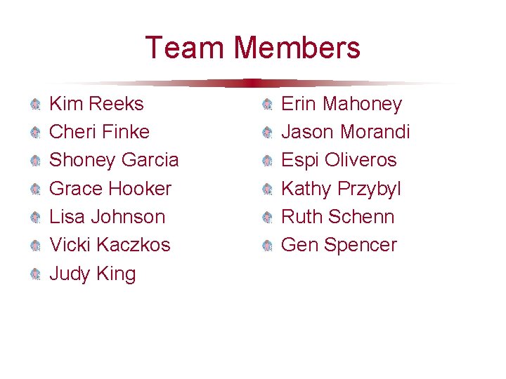 Team Members Kim Reeks Cheri Finke Shoney Garcia Grace Hooker Lisa Johnson Vicki Kaczkos