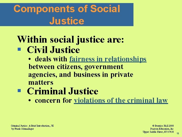 Components of Social Justice Within social justice are: § Civil Justice • deals with