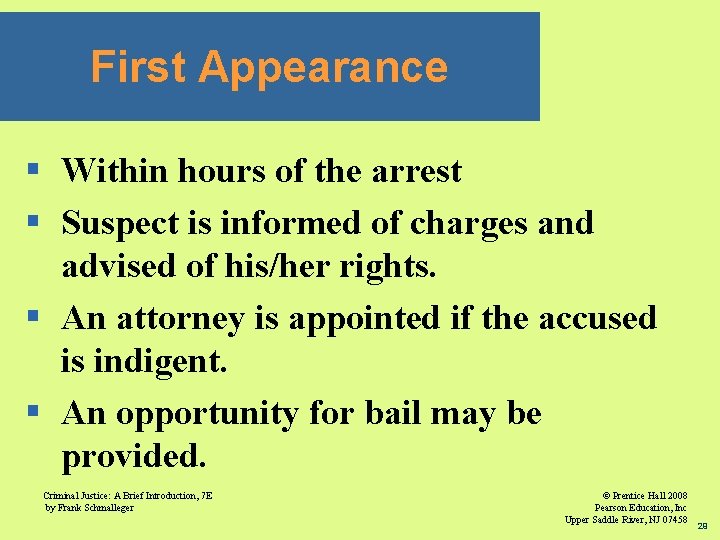 First Appearance § Within hours of the arrest § Suspect is informed of charges