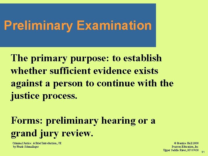 Preliminary Examination The primary purpose: to establish whether sufficient evidence exists against a person