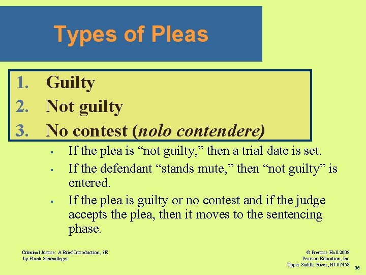 Types of Pleas 1. Guilty 2. Not guilty 3. No contest (nolo contendere) §