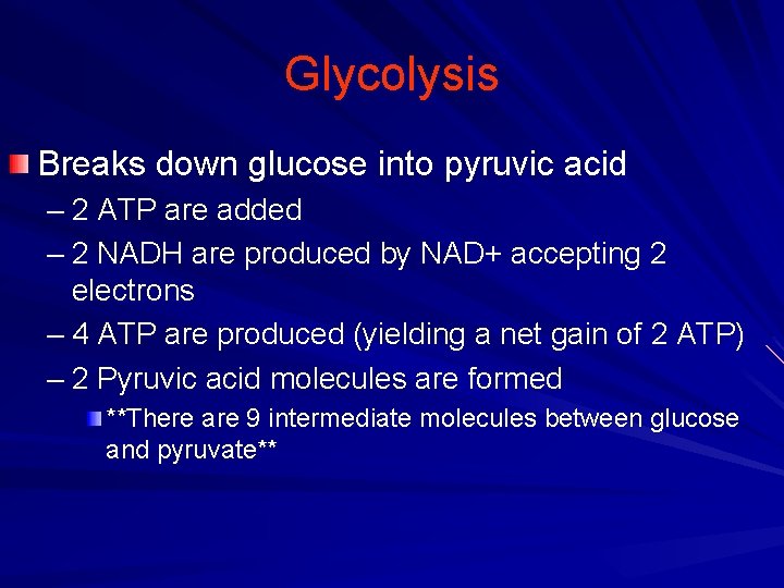Glycolysis Breaks down glucose into pyruvic acid – 2 ATP are added – 2