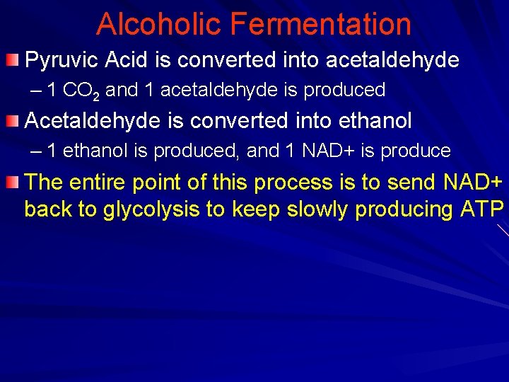 Alcoholic Fermentation Pyruvic Acid is converted into acetaldehyde – 1 CO 2 and 1