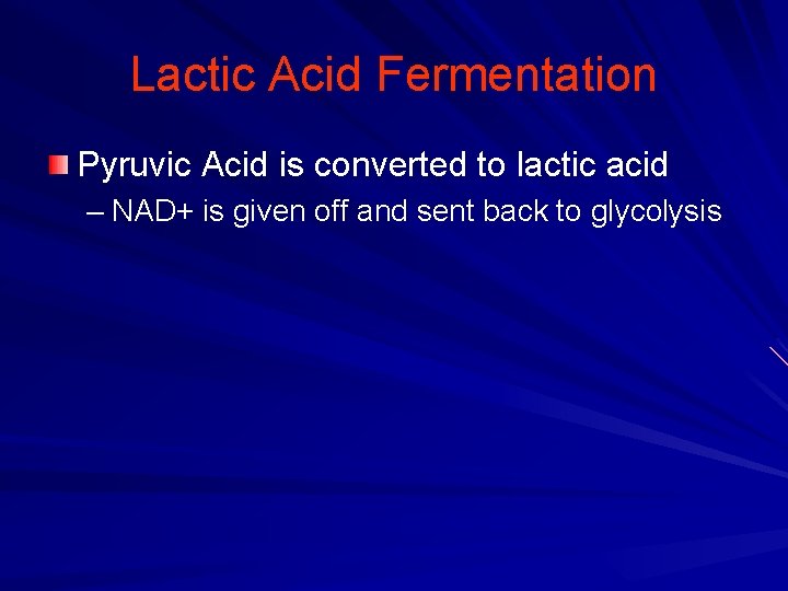 Lactic Acid Fermentation Pyruvic Acid is converted to lactic acid – NAD+ is given