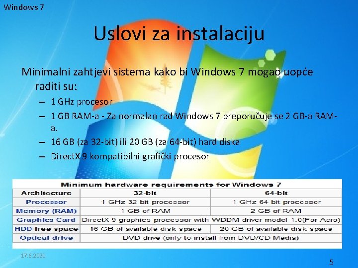 Windows 7 Uslovi za instalaciju Minimalni zahtjevi sistema kako bi Windows 7 mogao uopće
