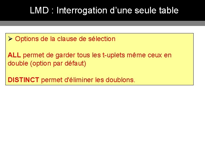 LMD : Interrogation d’une seule table Ø Options de la clause de sélection ALL