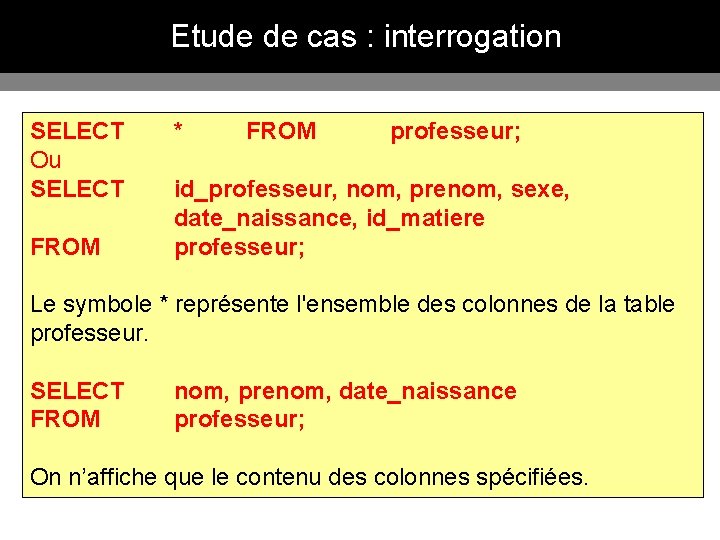 Etude de cas : interrogation SELECT Ou SELECT FROM * FROM professeur; id_professeur, nom,