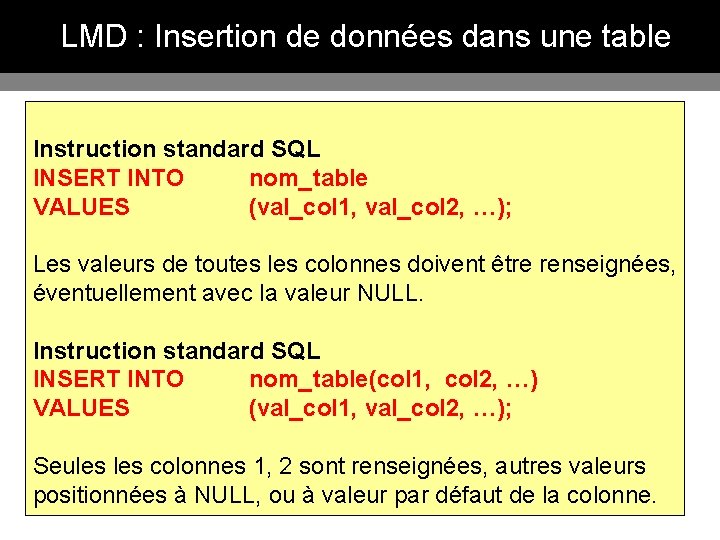 LMD : Insertion de données dans une table Instruction standard SQL INSERT INTO nom_table