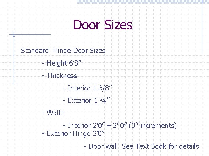 Door Sizes Standard Hinge Door Sizes - Height 6’ 8” - Thickness - Interior