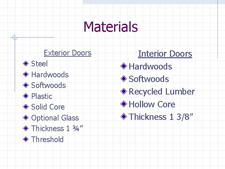 Materials Exterior Doors Steel Hardwoods Softwoods Plastic Solid Core Optional Glass Thickness 1 ¾”