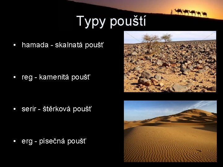 Typy pouští • hamada - skalnatá poušť • reg - kamenitá poušť • serir