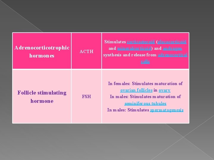 Adrenocorticotrophic hormones Follicle stimulating hormone ACTH Stimulates corticosteroid (glucocorticoid and mineralcorticoid) androgen synthesis and